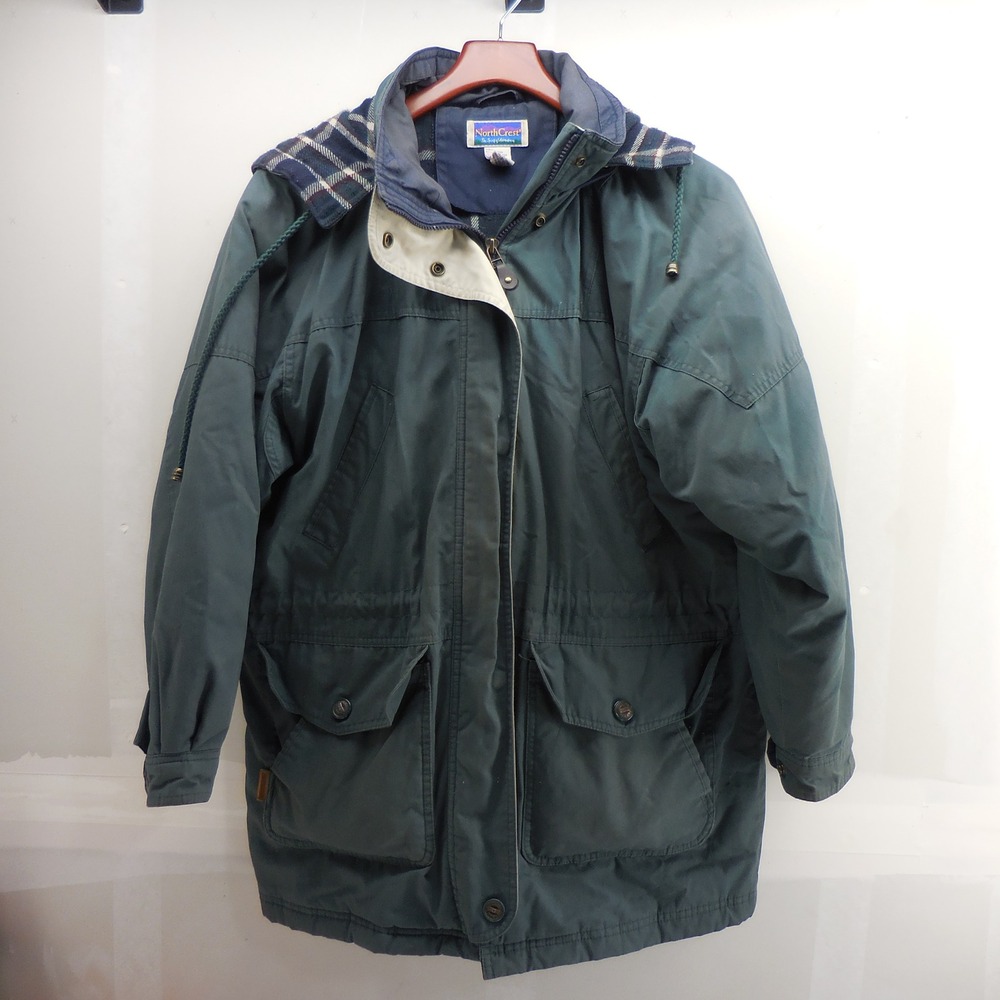 North Crest Mens Forest Green Plaid Lined Hooded Parka Jacket Medium RN 56951